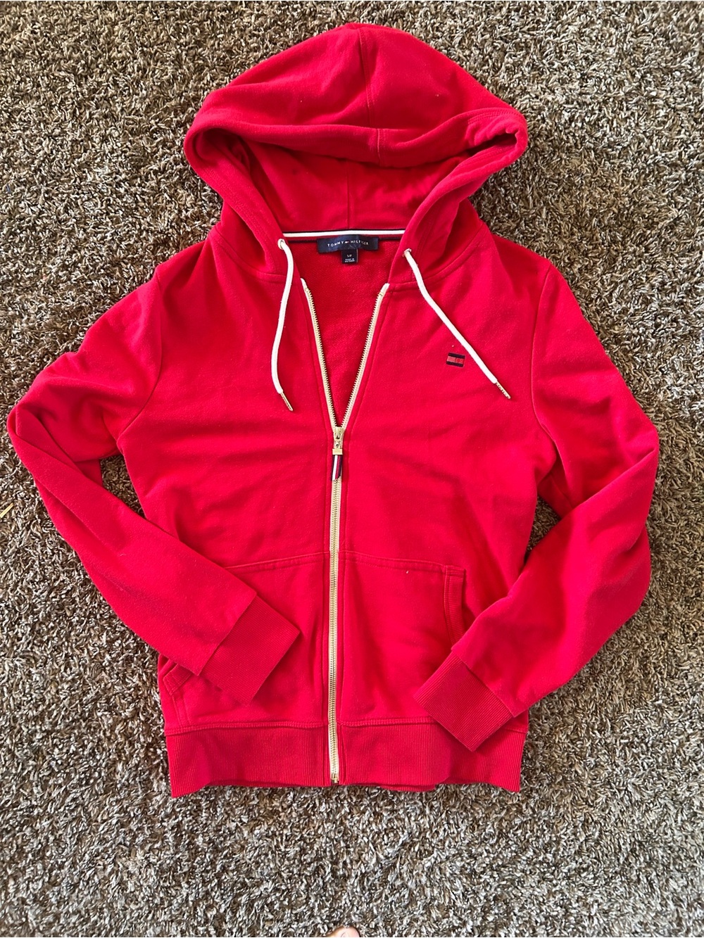 Tommy Hilfiger Bright Red Full-Zip Hoodie with White Drawstrings